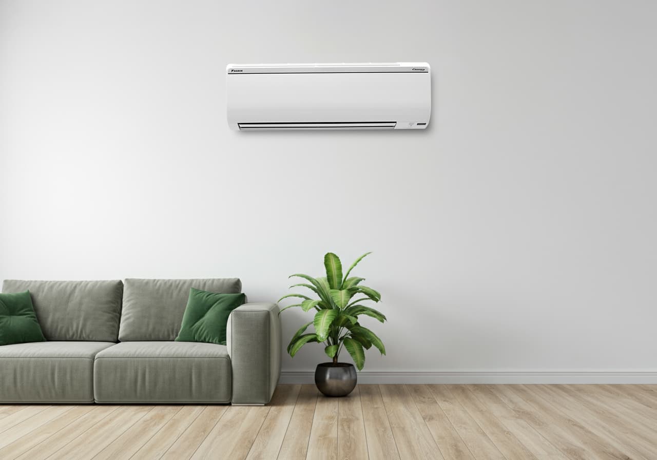 Modern living room with a Daikin air conditioner on the wall